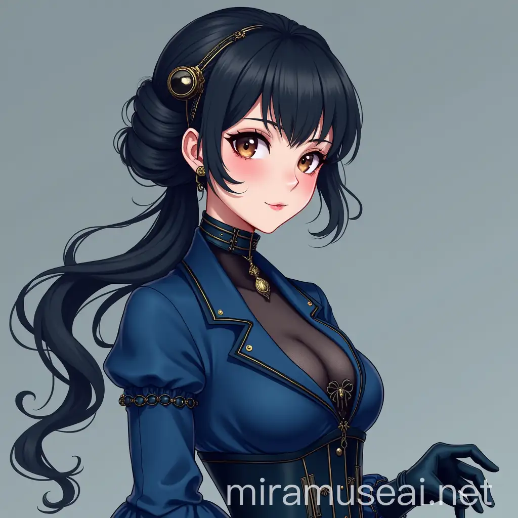 Elegant Anime Fantasy Steampunk Woman in Blue Victorian Attire