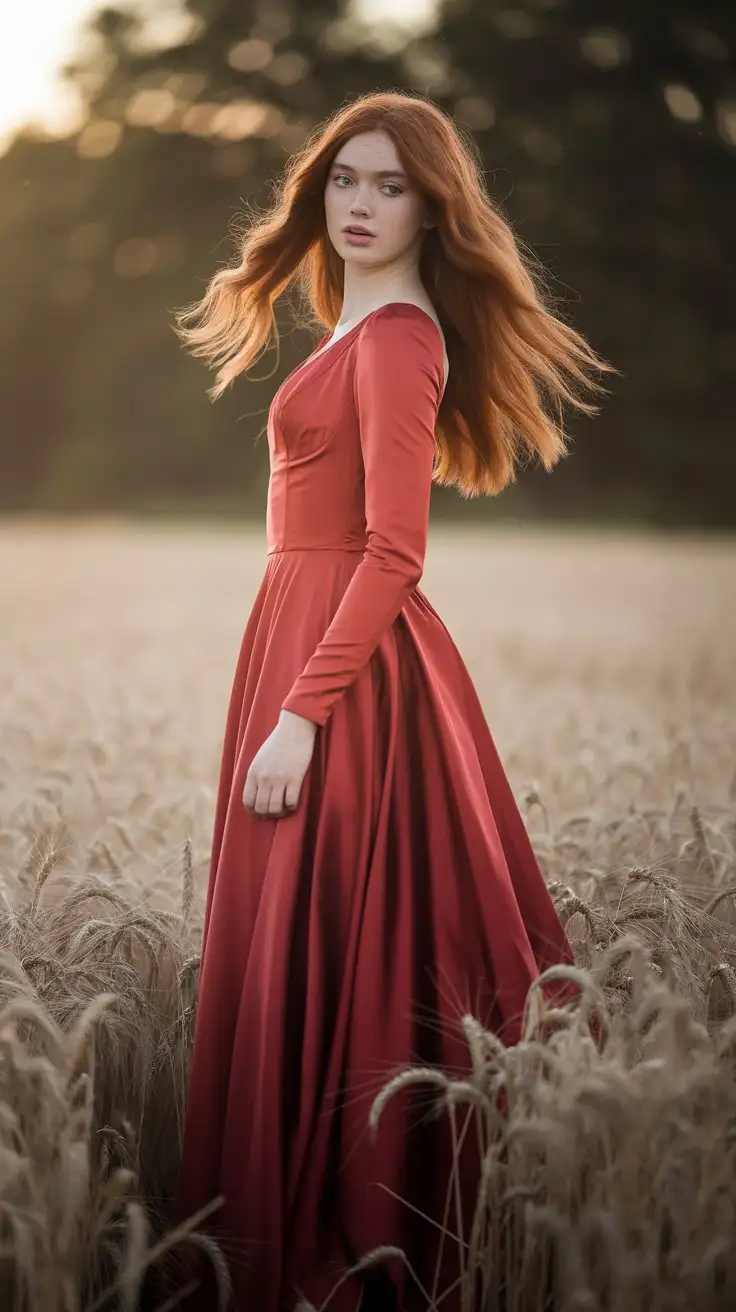 A breathtaking full body portrait photograph, a young woman with flowing auburn hair, wearing a long, scarlet red silk gown, standing in the middle of a sunlit wheat field at golden hour, soft focus, cinematic lighting, ethereal mood, fashion editorial style, Canon EOS R5, RF50mm f/1.2L USM --ar 2:3 --zoom 1.5 --v 6