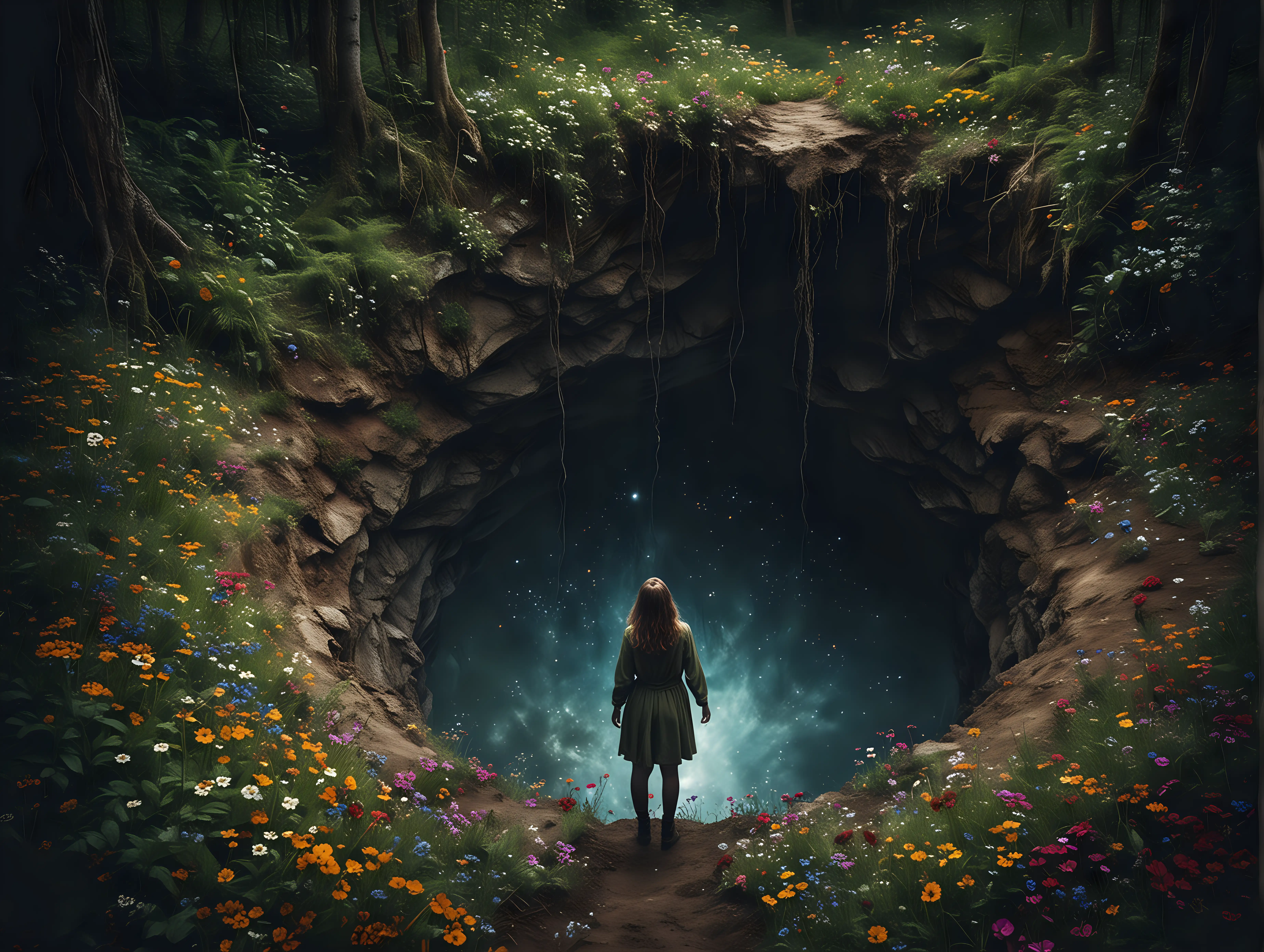 a woman standing looking down into a mysterious hole with space in the ground fantasy forest wild flower