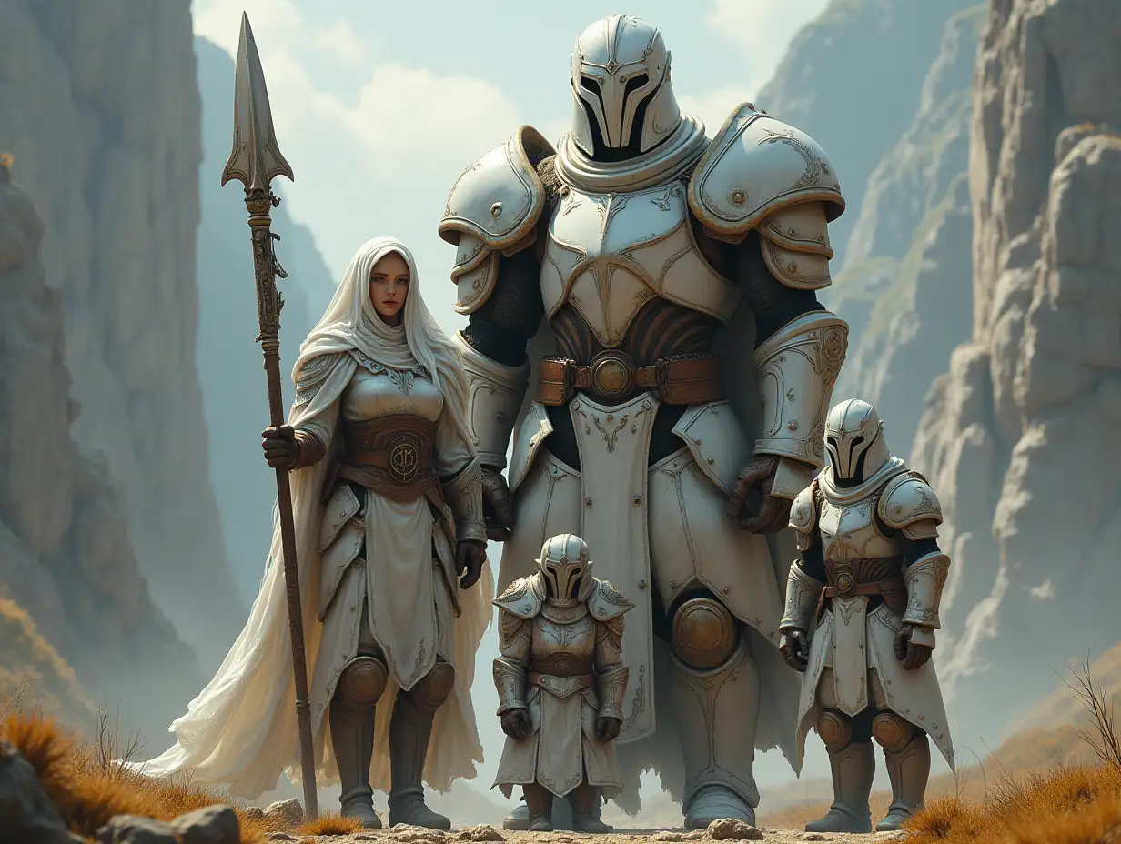 Ki-Fantasy family,Man,Woman, and Children, giant ERDMANNCHEN face and with white armor equipment