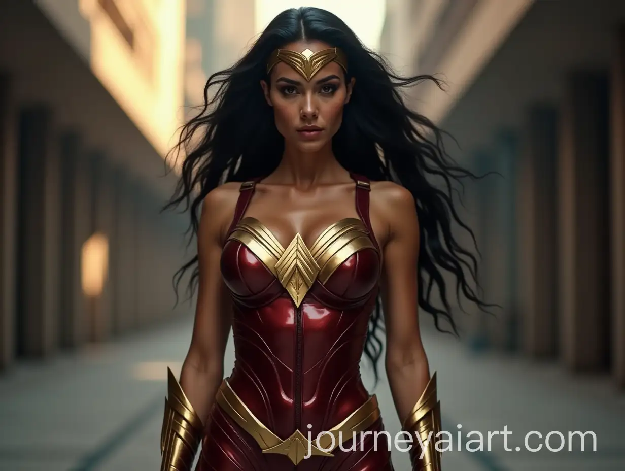 Futuristic-Female-Superhero-in-Maroon-and-Gold-Costume-Inspired-by-Shaktimaan-and-Wonder-Woman