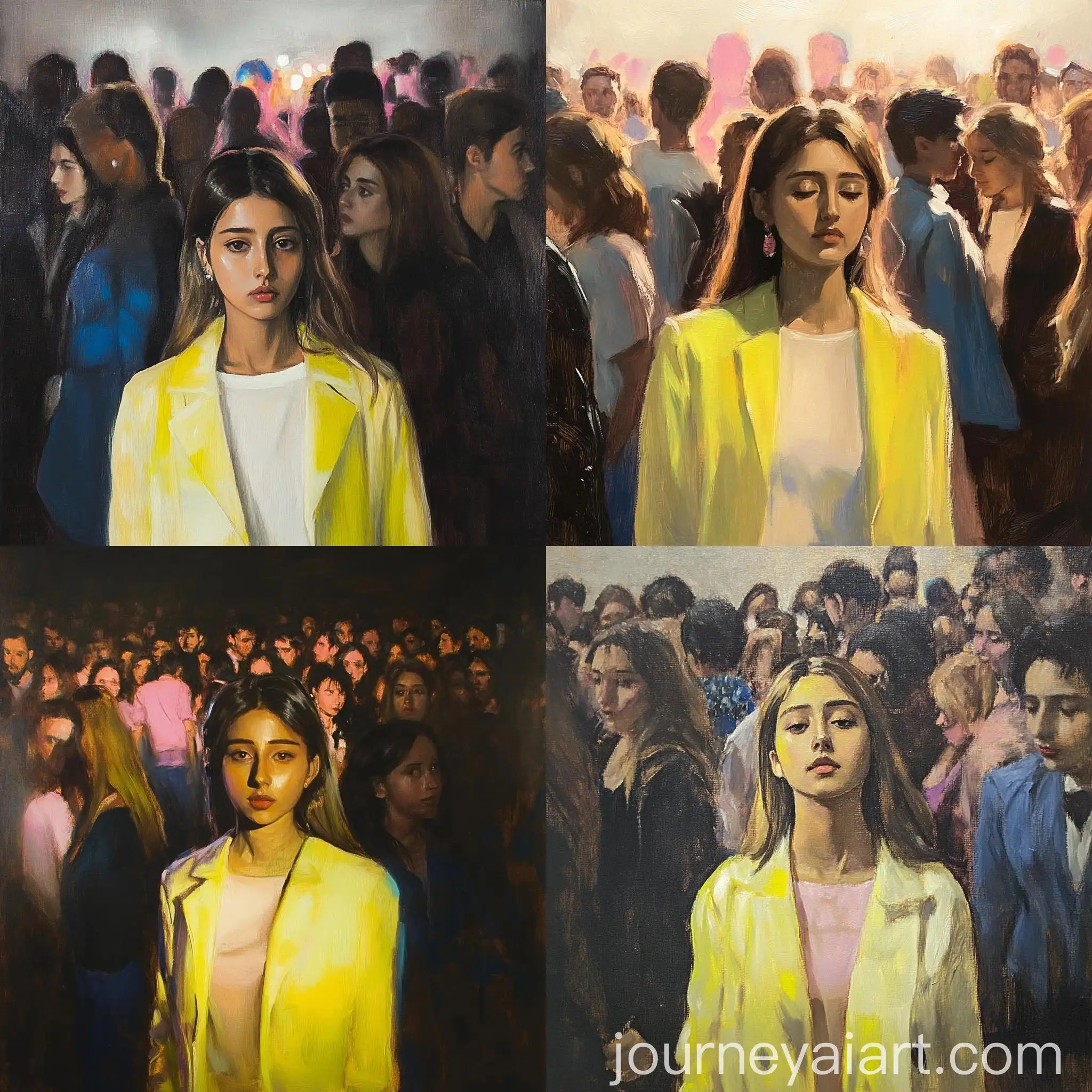 Girl-in-Focus-Amidst-a-Blurred-Crowd-Captivating-Oil-Painting
