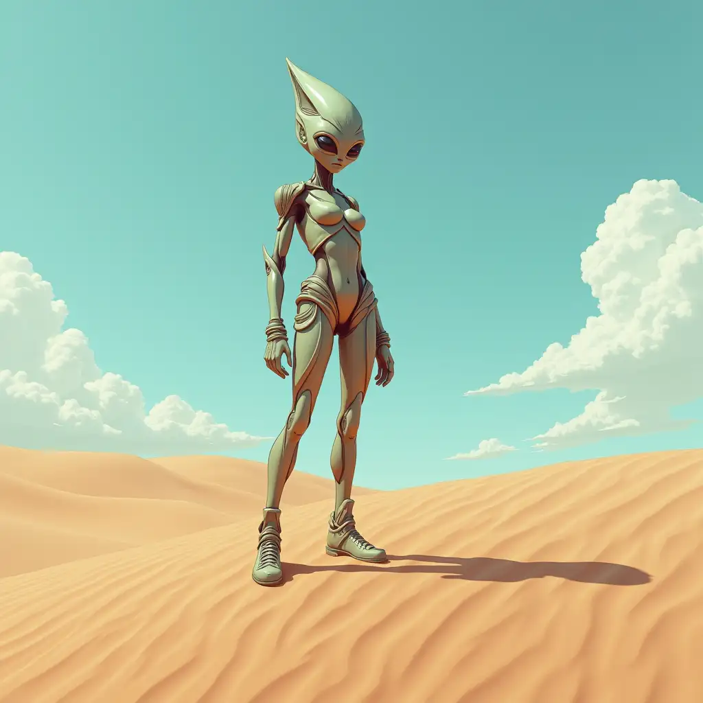 A userirdish alien woman, on a desert planet blue sky strong clouds