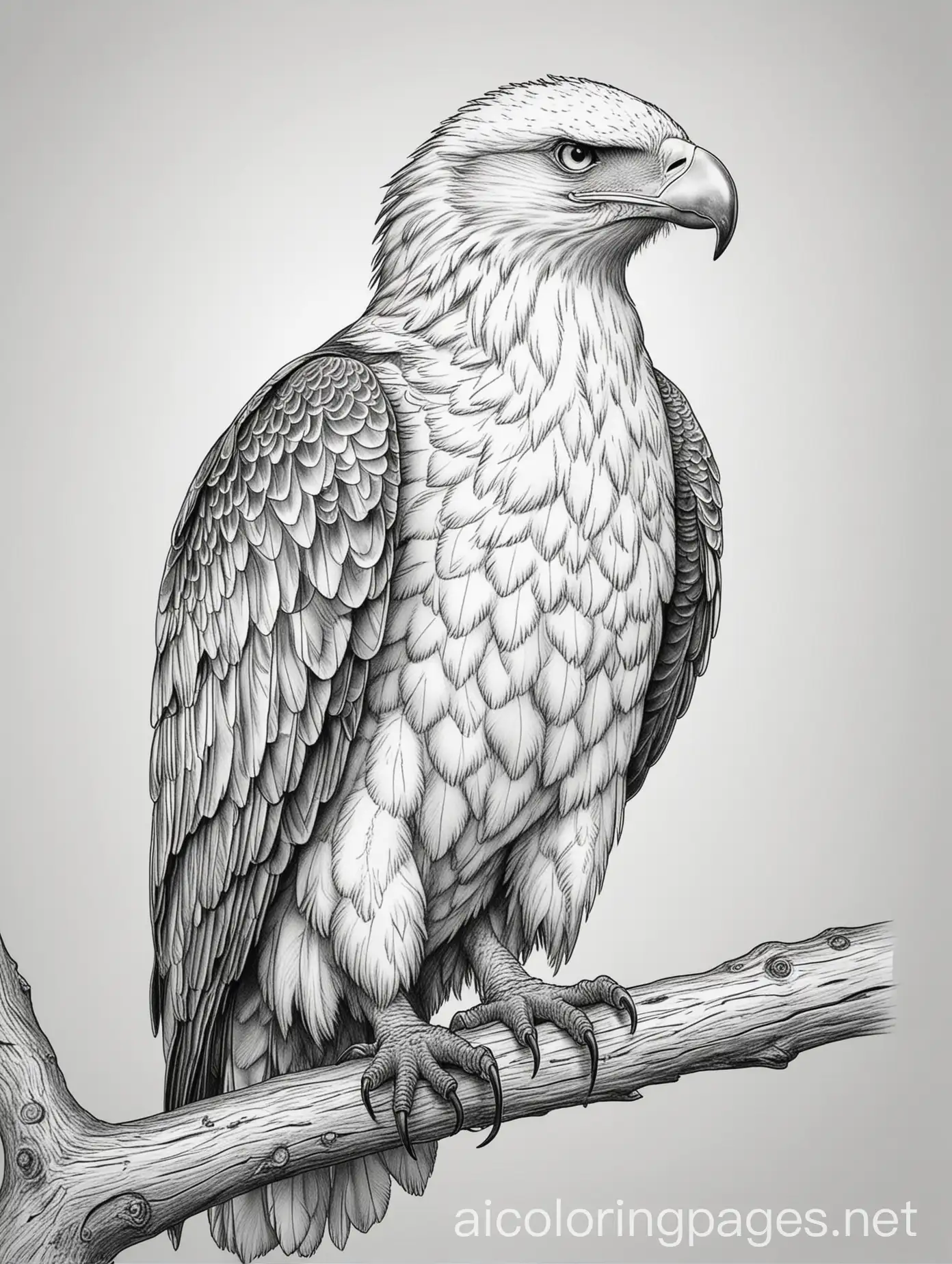 Photo of eagle on a wood, line art , Coloring Page, black and white, line art, white background, Simplicity, Ample White Space. The background of the coloring page is plain white to make it easy for young children to color within the lines. The outlines of all the subjects are easy to distinguish, making it simple for kids to color without too much difficulty