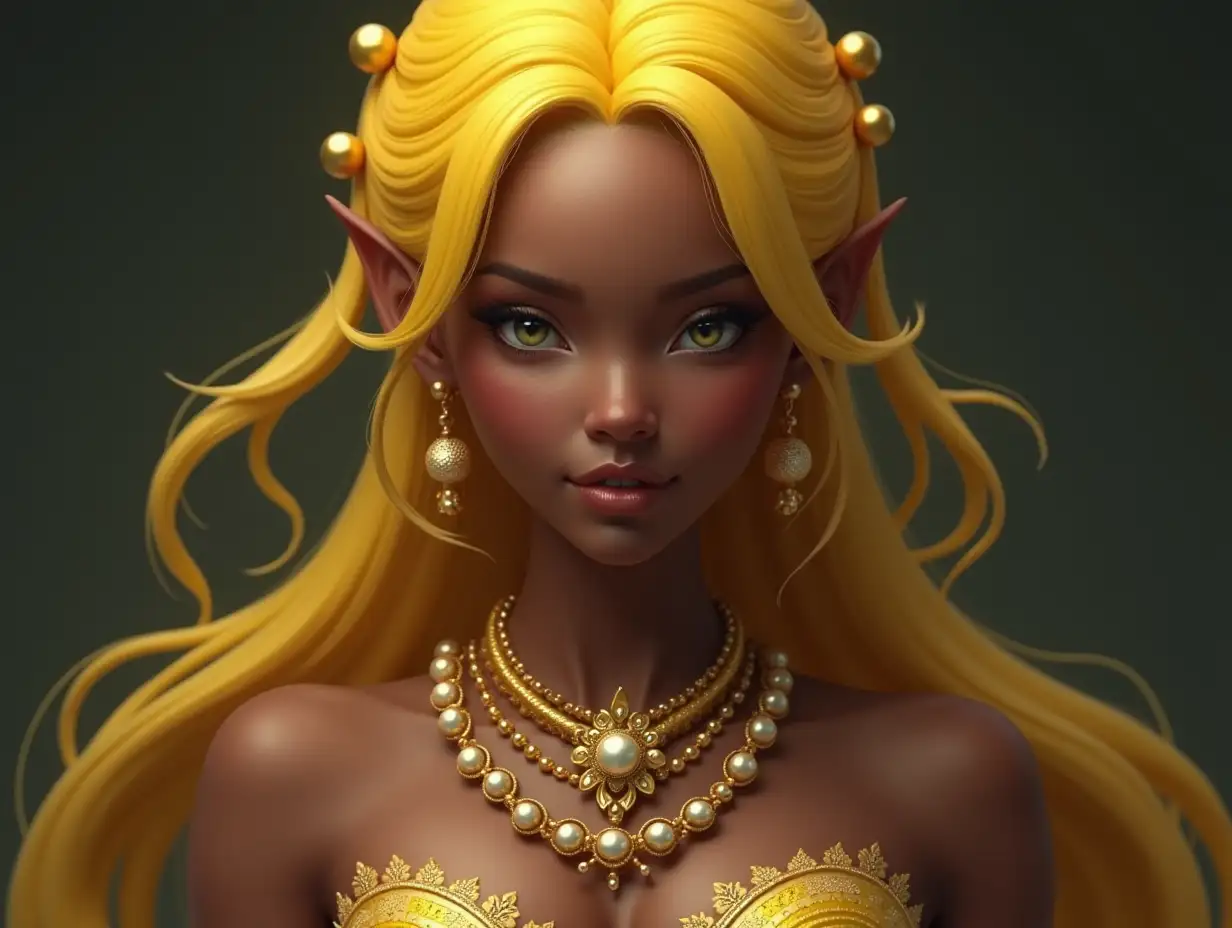 mythological black Asian princess with yellow hair in a miniskirt and ball necklace for a ball portrait 8k quality