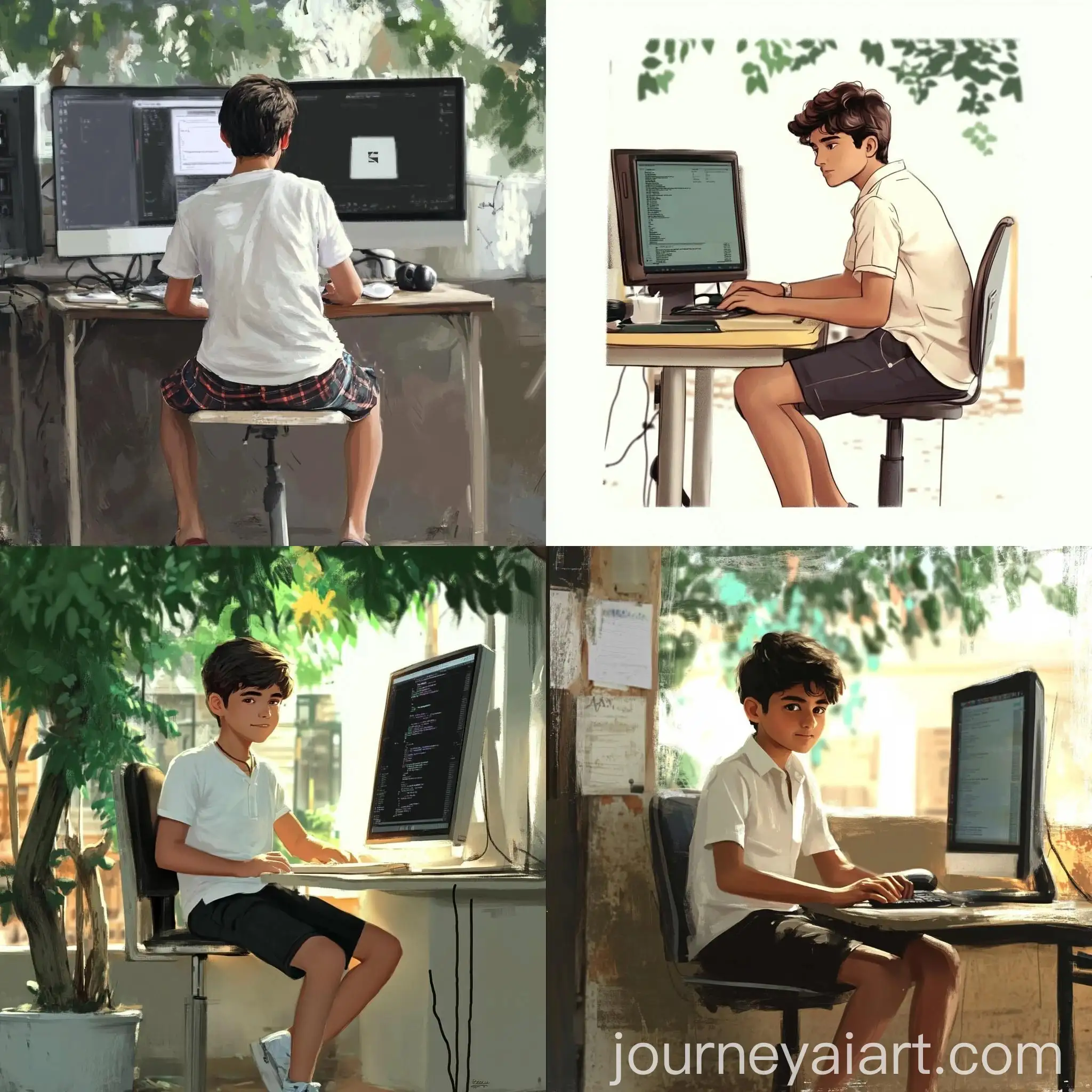 Young-Boy-Using-Computer-in-Casual-Shorts