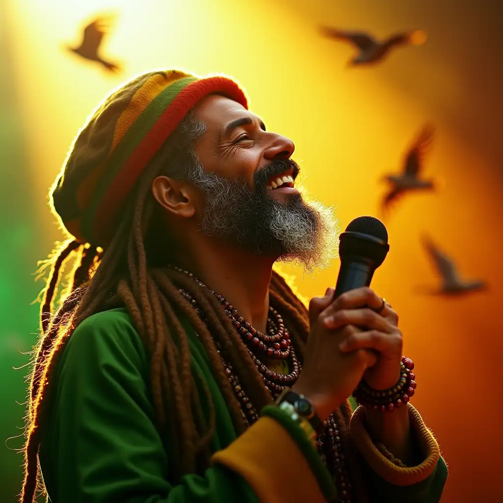 A smiling face of a wispy-bearded ancient Rastafarian man fully clothed in rastafarian attire and holding a microphone to his mouth bathed in sunlight as birds fly in the background, symbolizing renewed joy and freedom.• Reggae Elements: Vibrant green, yellow, and red lighting effects pulsing gently to the reggae rhythm, overlaying nature imagery.