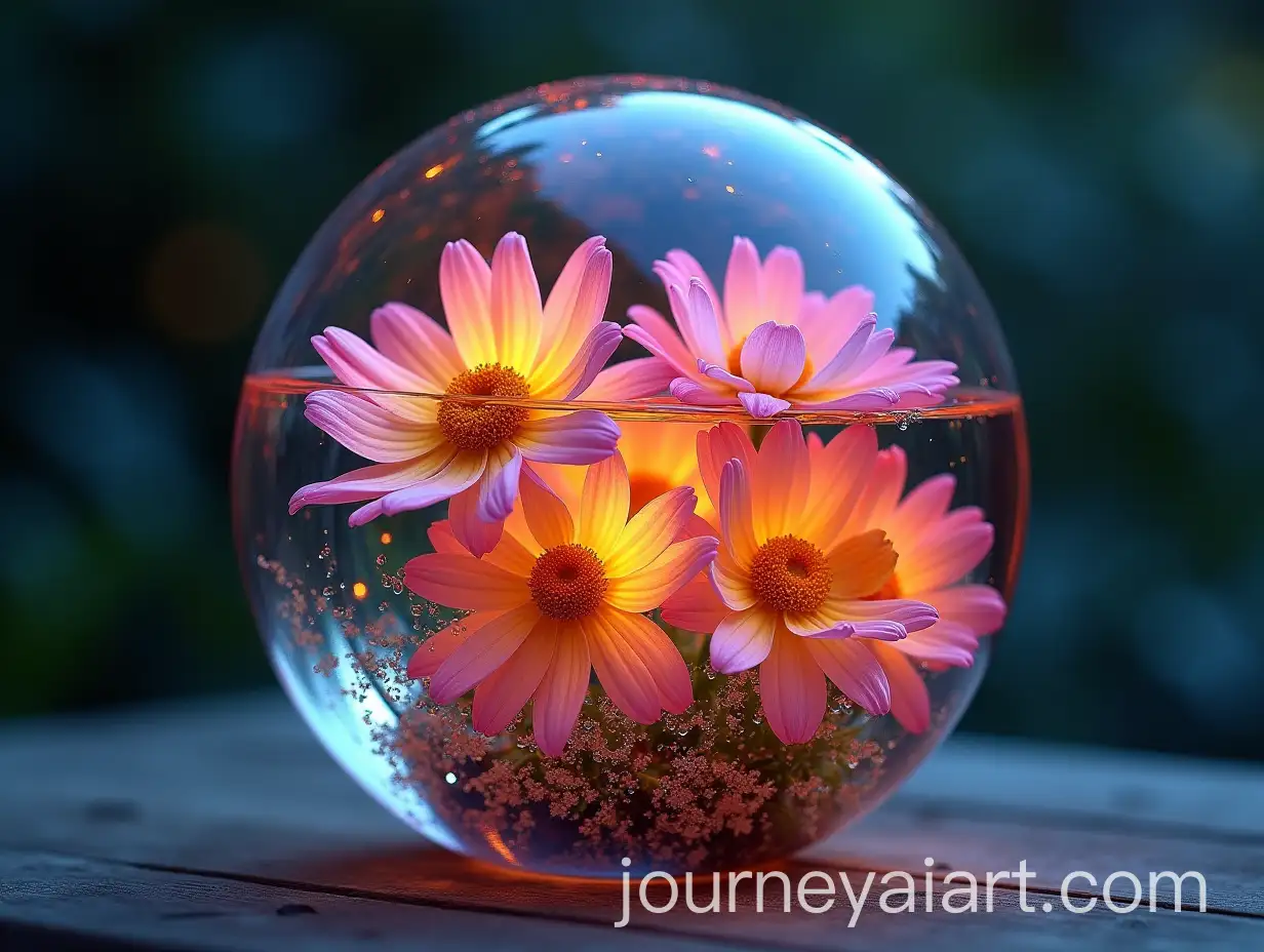 Glowing-Glass-Orb-Filled-with-Water-and-Colorful-Flowers