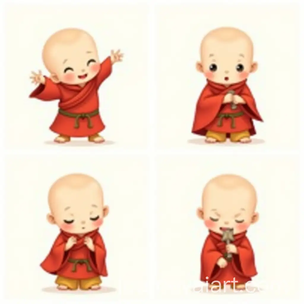 Cute-Little-Monk-in-Red-Cloak-Chinese-Watercolor-Style