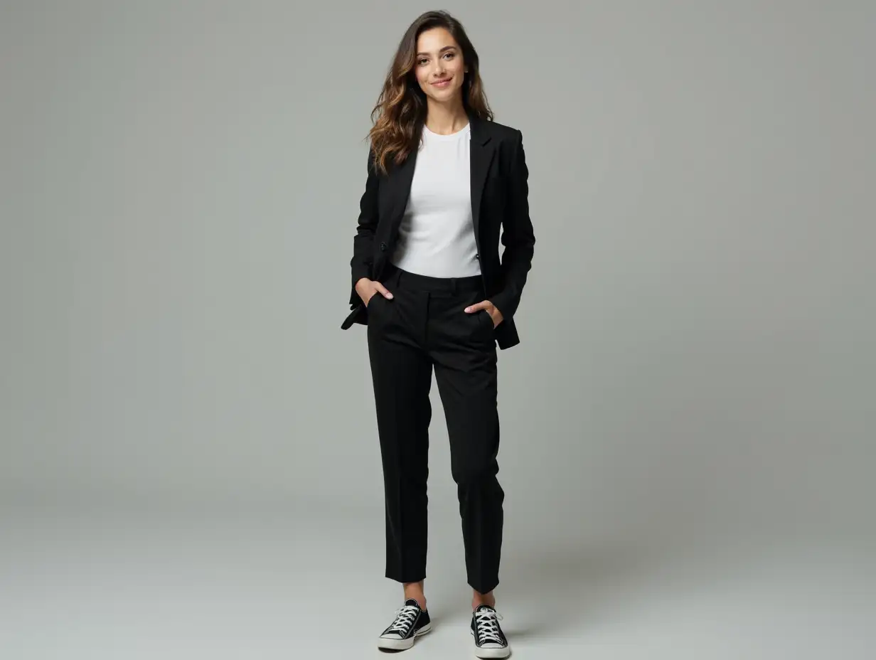 A professional business woman wearing a black business suit with a Tshirt and converse on.