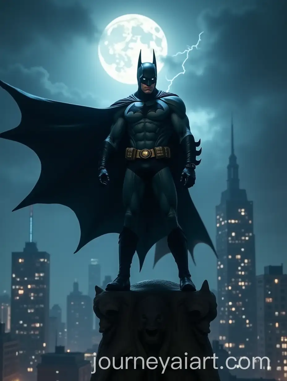 Batman-Standing-on-Gargoyle-in-Stormy-Gotham-City-with-Dramatic-Moonlight