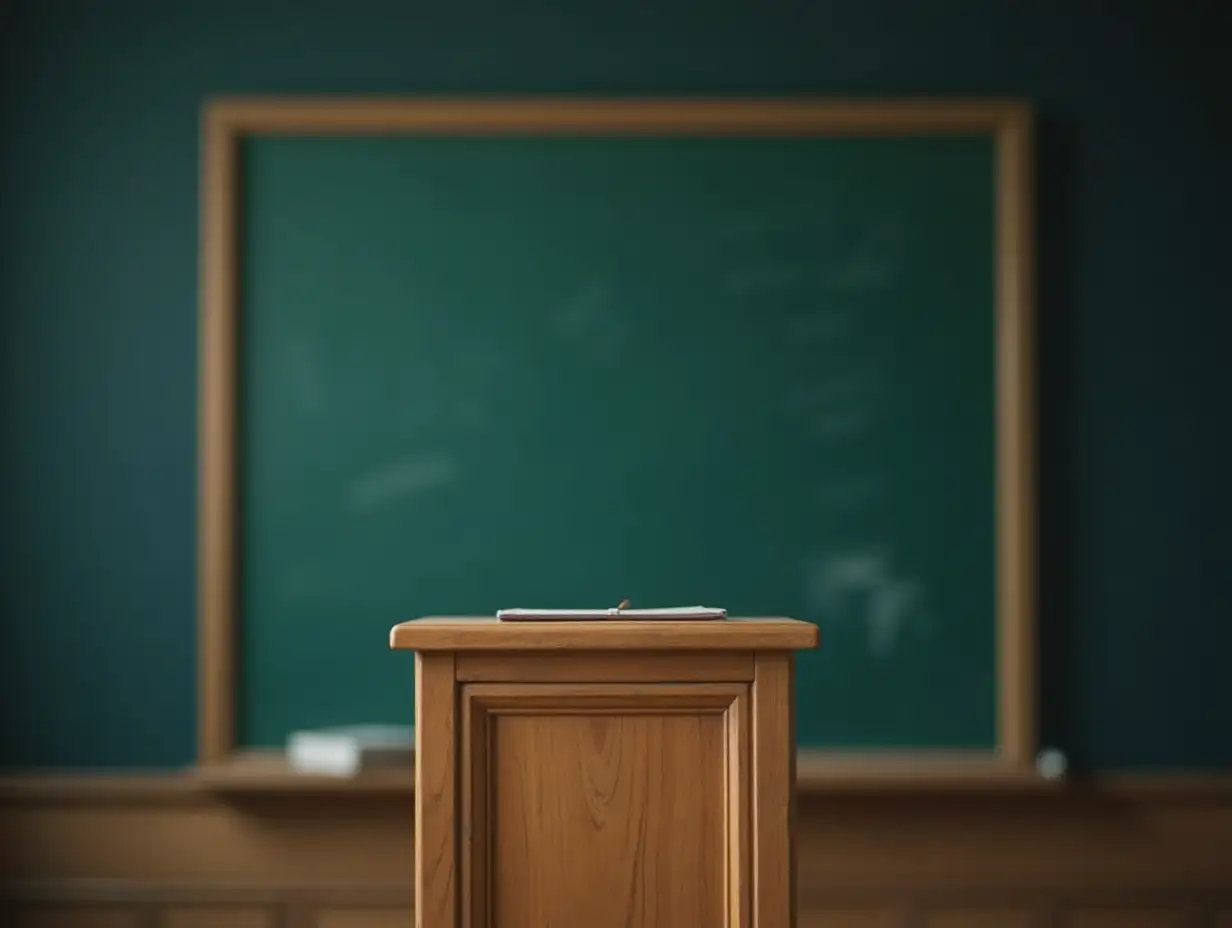 teacher at empty podium blackboard