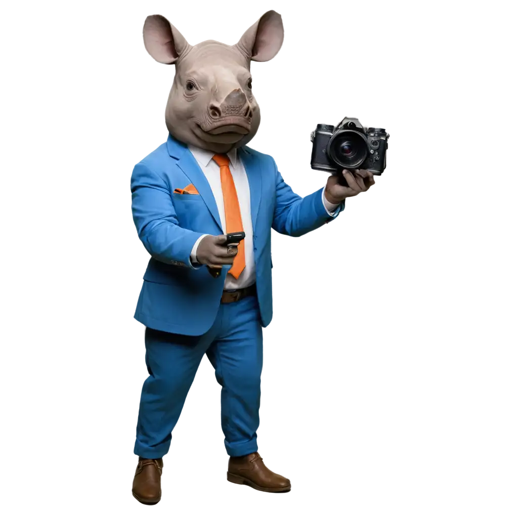 PNG-Image-of-a-Rhino-Holding-a-Camera-in-a-Blue-Suit-Creative-AI-Art-Prompt