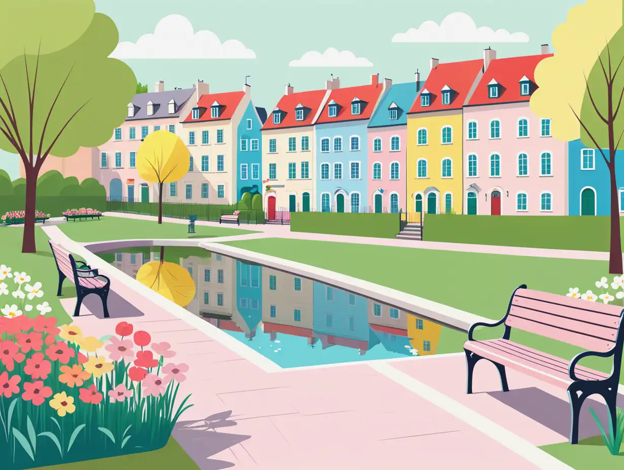 simple vector drawing of a little European city park with flowers, benches and pond with little pastel colored houses in the background. Use pastel colors like green, red, blue and yellow