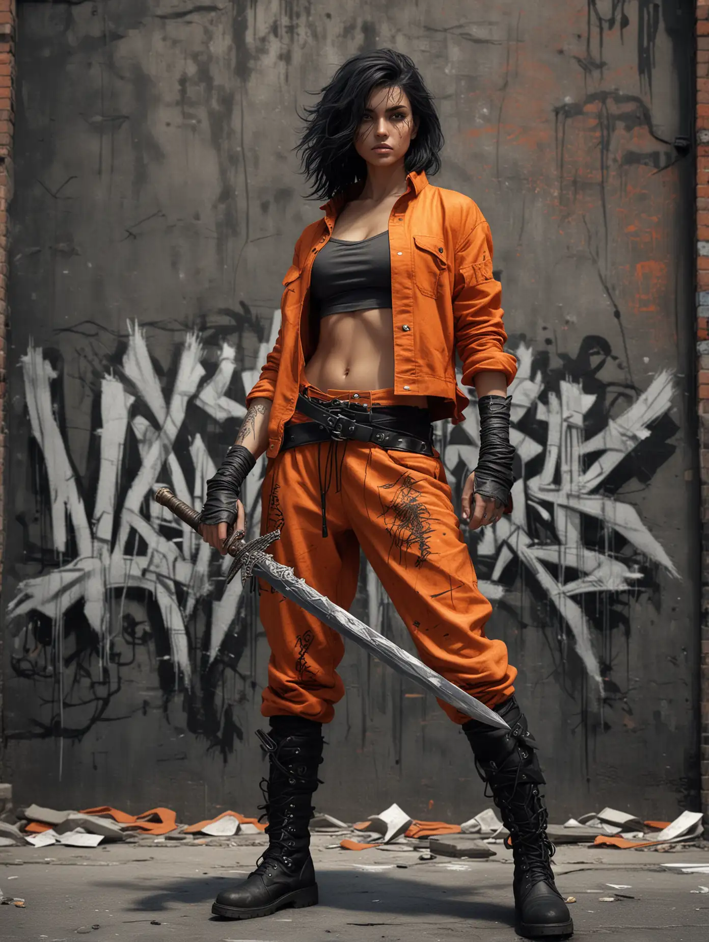 Create 4D hyprrealistic image of a beautiful warrior with wavy black hair in a dynamic pose, wearing baggy orange pants and heavy black boots. The warrior wields two swords crossed in front, and behind them is a stylized graffiti. The setting is an urban environment with a gritty texture, suggesting an atmosphere of rebellion or combat readiness.