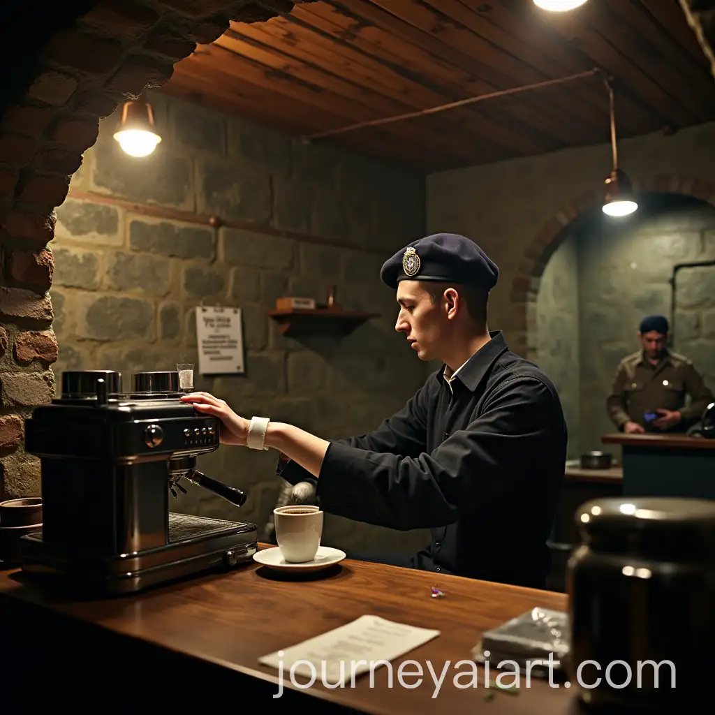 Military-Barista-Serving-Coffee-in-Underground-Bunker