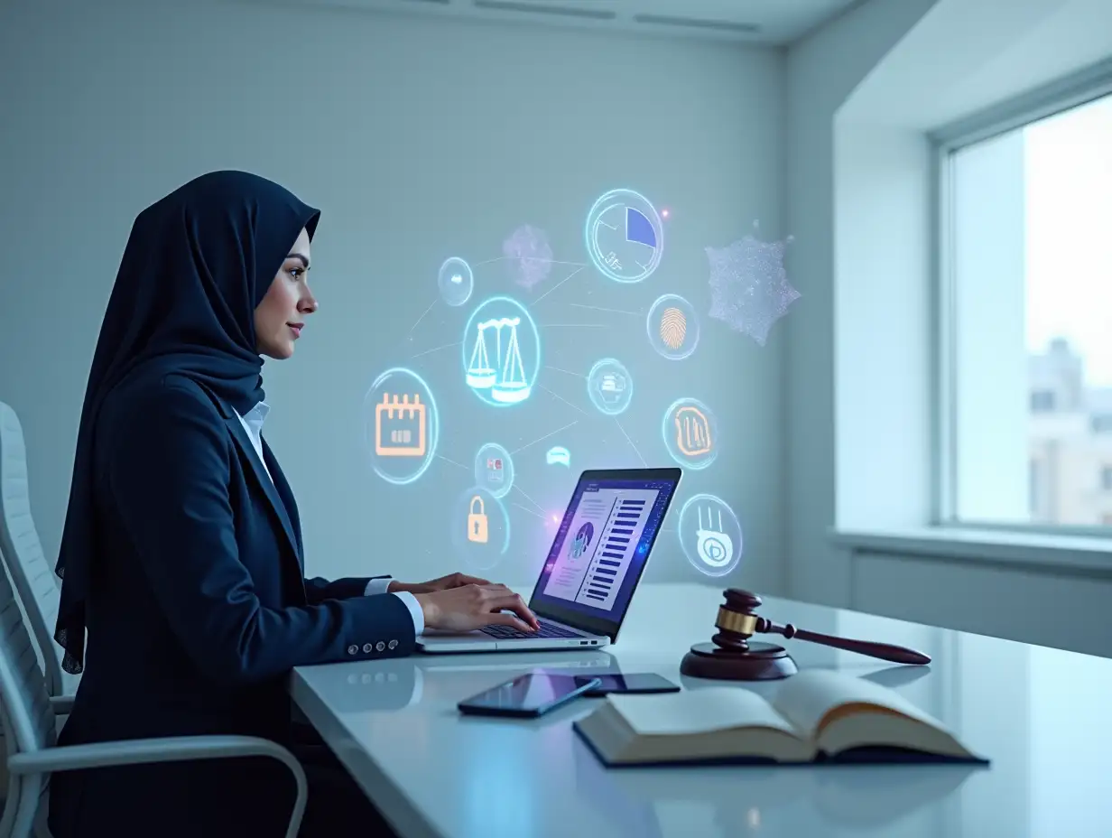 A hyperrealistic female lawyer wearing a hijab sitting on the far left side of the image at a modern digital desk in a large and spacious law office, wearing a formal dark suit and tie, focused and working on a laptop. The laptop screen shows a professional law firm website. Around her, floating photorealistic semi-transparent digital icons: contact form, appointment calendar, message/chat icon, justice scale ⚖️, a pie chart and bar graph, glowing holographic folders, a fingerprint scan, digital contract document, and a secure padlock. On the desk are a smartphone, a tablet, a legal book, a glowing Persian-style law firm logo in deep purple-blue, connected by glowing lines to suggest interconnectivity. The background is a bright and airy, clean modern minimalist law office or abstract digital space, with network and cloud symbols subtly floating in the sky to reflect an online presence. Strong use of legal elements like books, gavel, documents, and scales of justice, combined with tech elements like data charts, biometric icons, and digital UI. Color palette: deep indigo/purple-blue (matching the logo), white, light gold, cool bluish accents. THE ENTIRE right side of the image is clean, completely empty, and intentionally devoid of ANY elements. Maximize the blank space on the right for text or graphic additions. The image should look like a high-resolution photograph, with realistic lighting and textures. The composition emphasizes the lawyer's position on the left, creating a significant visual contrast with the empty space on the right.