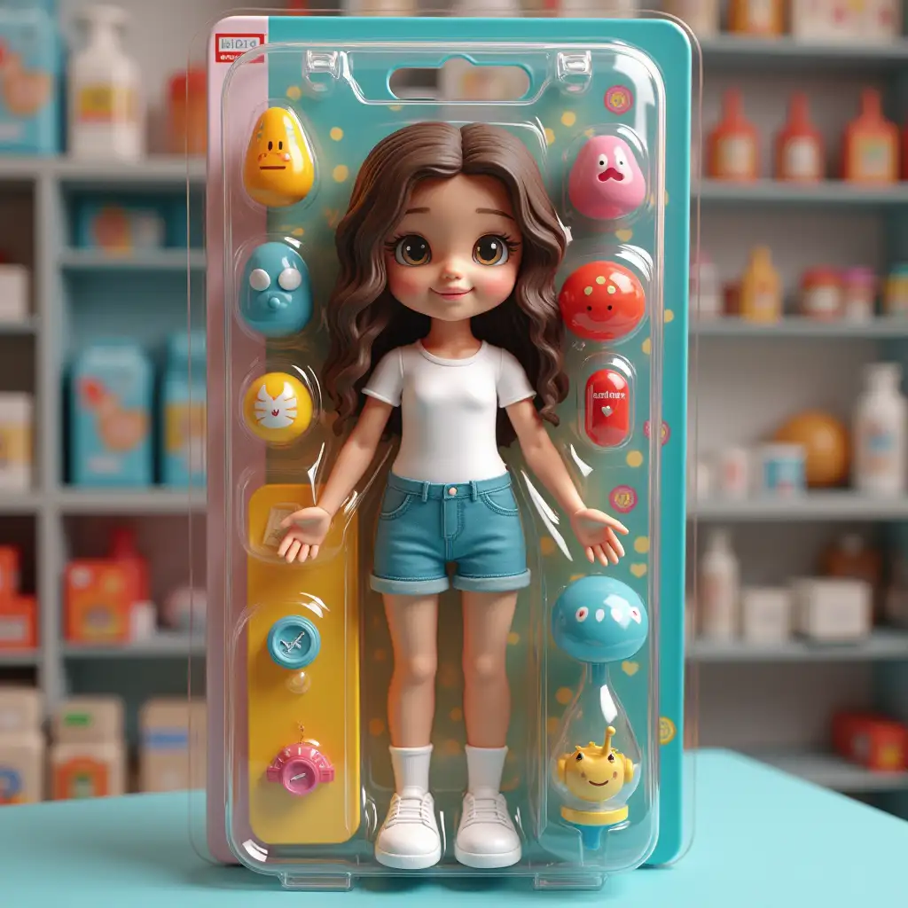 Create a photorealistic action figure of a person in a picture. The figurine should be full size and fit into a transparent plastic case with a colorful cardboard background, like real collectible toys. Make the packaging as realistic as possible - shiny plastic, sections for items and a design in the style of a toy store. On the box, write beautifully Aisylu at the top. The packaging will have an atmosphere of medicine and bright