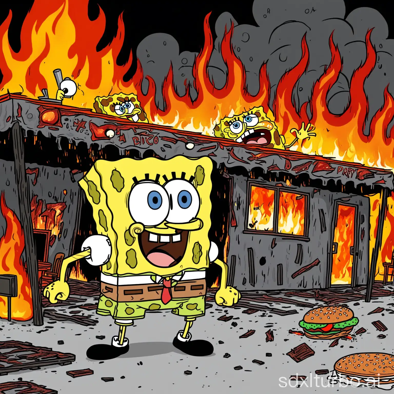 Frustrated-SpongeBob-Setting-Krusty-Krab-on-Fire-in-Exhaustion