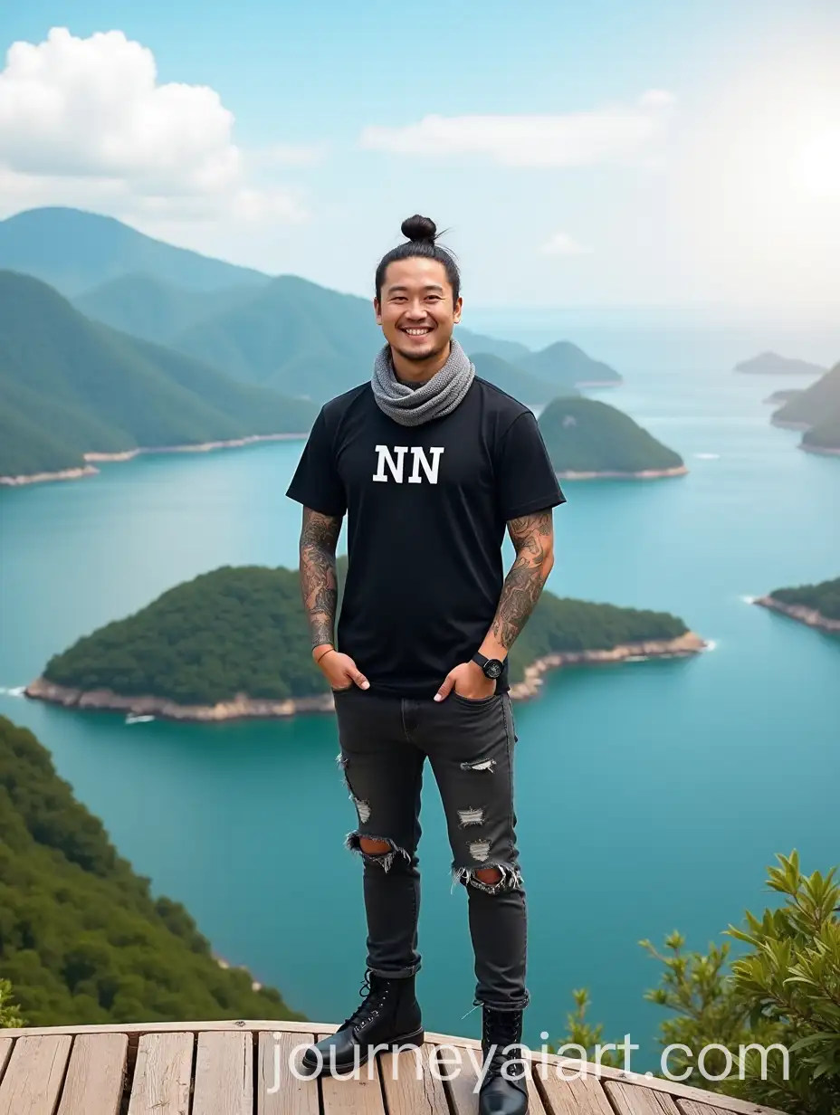 Serene-Korean-Man-with-Fullarm-Tattoos-Smiling-at-Blue-Water-and-Lush-Islands
