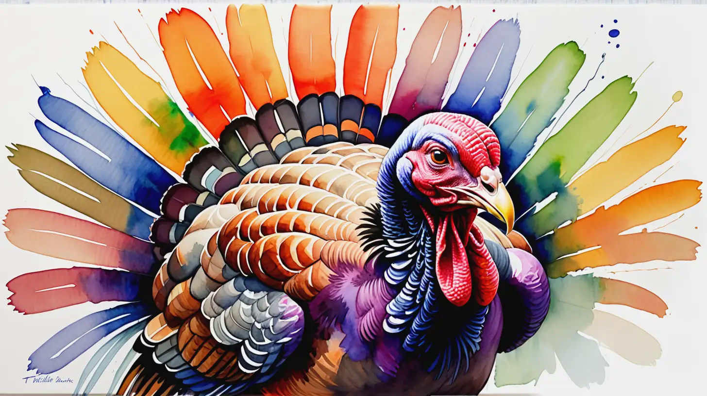 Vibrant Watercolor Painting of a Colorful Turkey