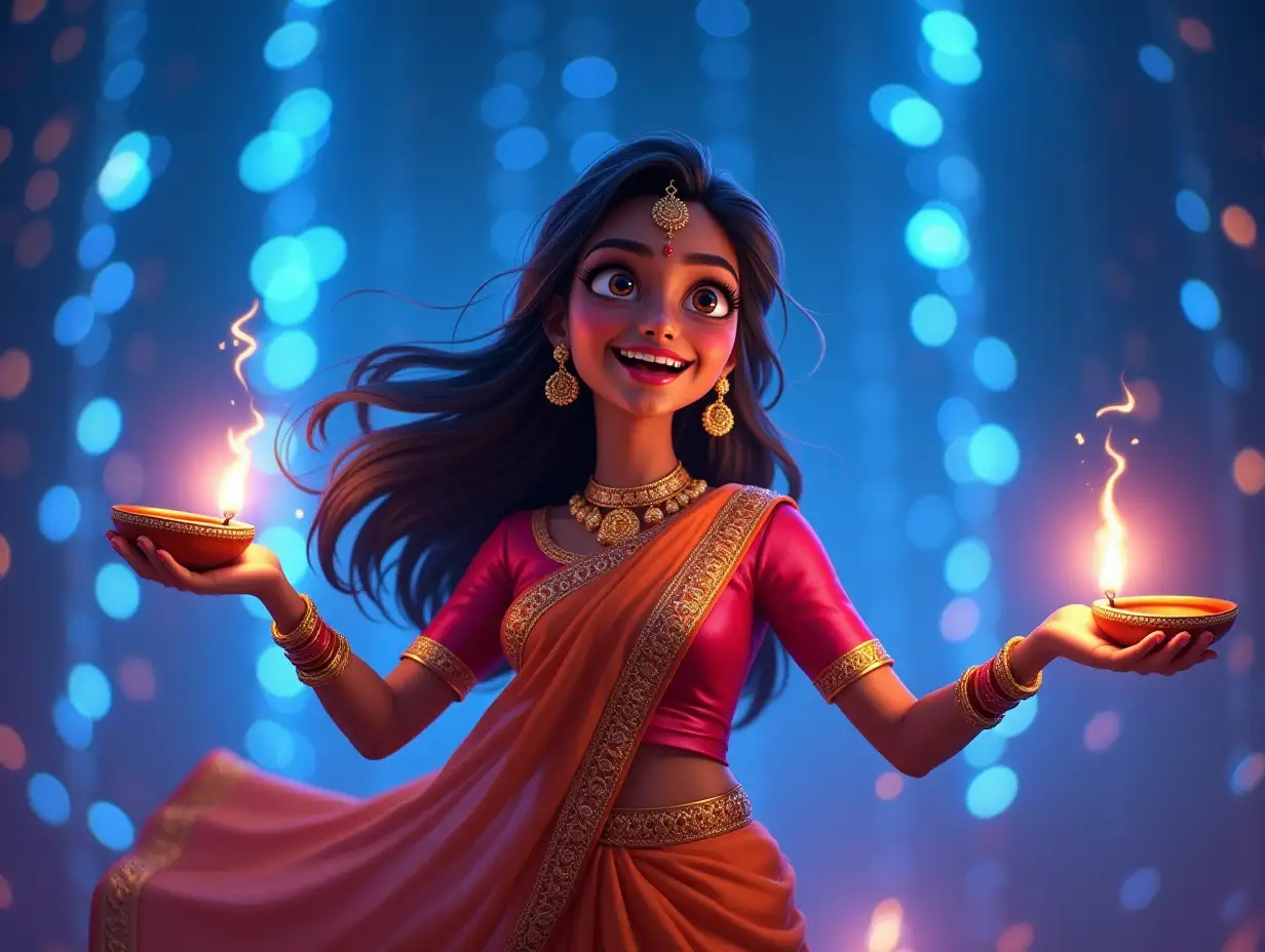 Happy Diwali celebration girl young Indian woman with olive skin and dark eyes, wearing a traditional Diwali clothes with ornate golden embellishments and sparkling gold earrings, she is spining in a dynamic dance while cheerfully holding holding Diyas in both hands. She should resemble a Pixar-style animated character. The background showcases Diwali celebration illuminated by glowing blue neon lights cascading all around. Highlight bold and slim lines, brush strokes, a vibrant color palette, iridescent style, and bright reflective light effects. The holographic background is in a full long shot with the subject spaced far away, focusing on her full body with vibrant, saturated colors that are professionally color graded. Add long exposition motion blur and tilt shot framing to introduce a dynamic, dramatic effect, very detailed, realistic