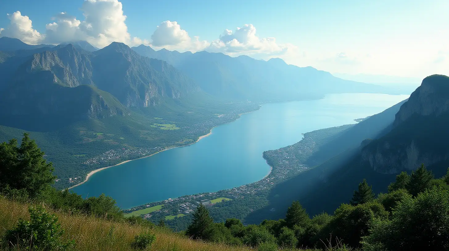 Serene Landscape of Rivers Mountains and Distant Shores