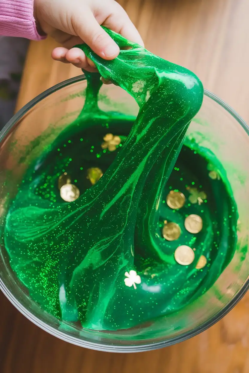 Overhead shot of a clear bowl filled with vibrant green shamrock slime.  A child's hand is stretching and pulling the slime, showing its gooey texture.  Green glitter is mixed into the slime, and tiny gold coins are partially visible within.  Playful, slime craft, bright lighting, realistic.