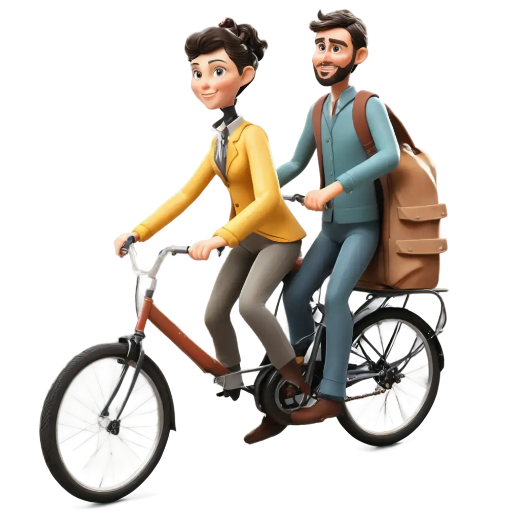 Create an image of a cargo bike with a bicycle trailer. The bike should be driven by a man. Two people should sit in the bicycle trailer. Another person should sit on the handlebar of the bike. All persons should have a cheerful and happy expression. The figures should look like comic characters but have human features. Figures that look like they are from Carnival would be ideal.