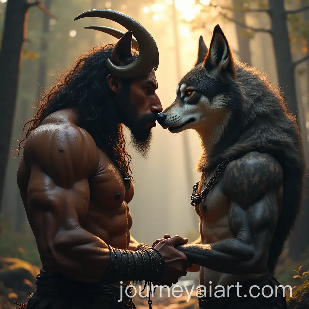 Minotaur-and-Werewolf-Kissing-in-a-Moonlit-Forest