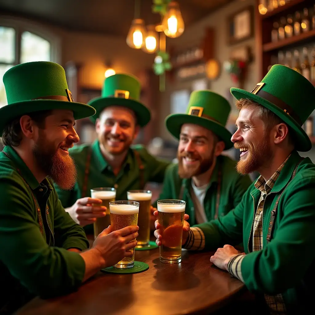 A bar full of St. Patrick's Day, four men celebrate St. Patrick's Day in the bar, holding glasses filled with beer and laughing happily. They wear various St. Patrick's Day items, St. Patrick's Day, atmosphere, live action, delicate,