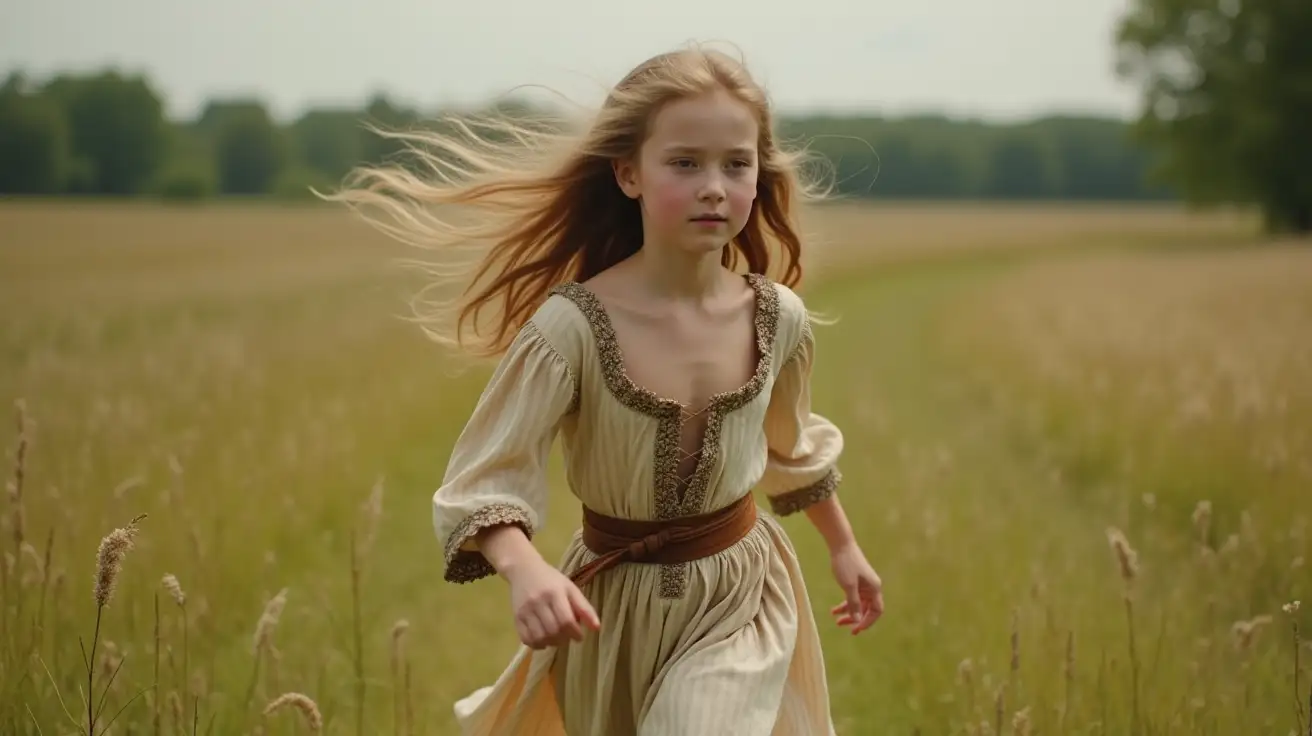 A young girl with long hair, very pale skin and large chest, in a peasant medieval dress with a deep neckline, runs in a meadow