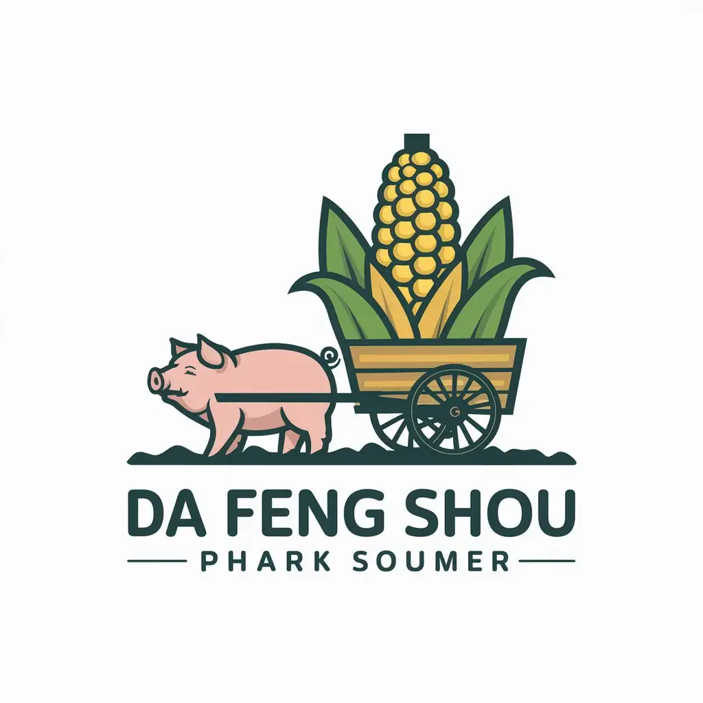 a vector logo design,with the text "da feng shou", main symbol:user_prompt: Pig, big corn, pulling cart,complex,clear background