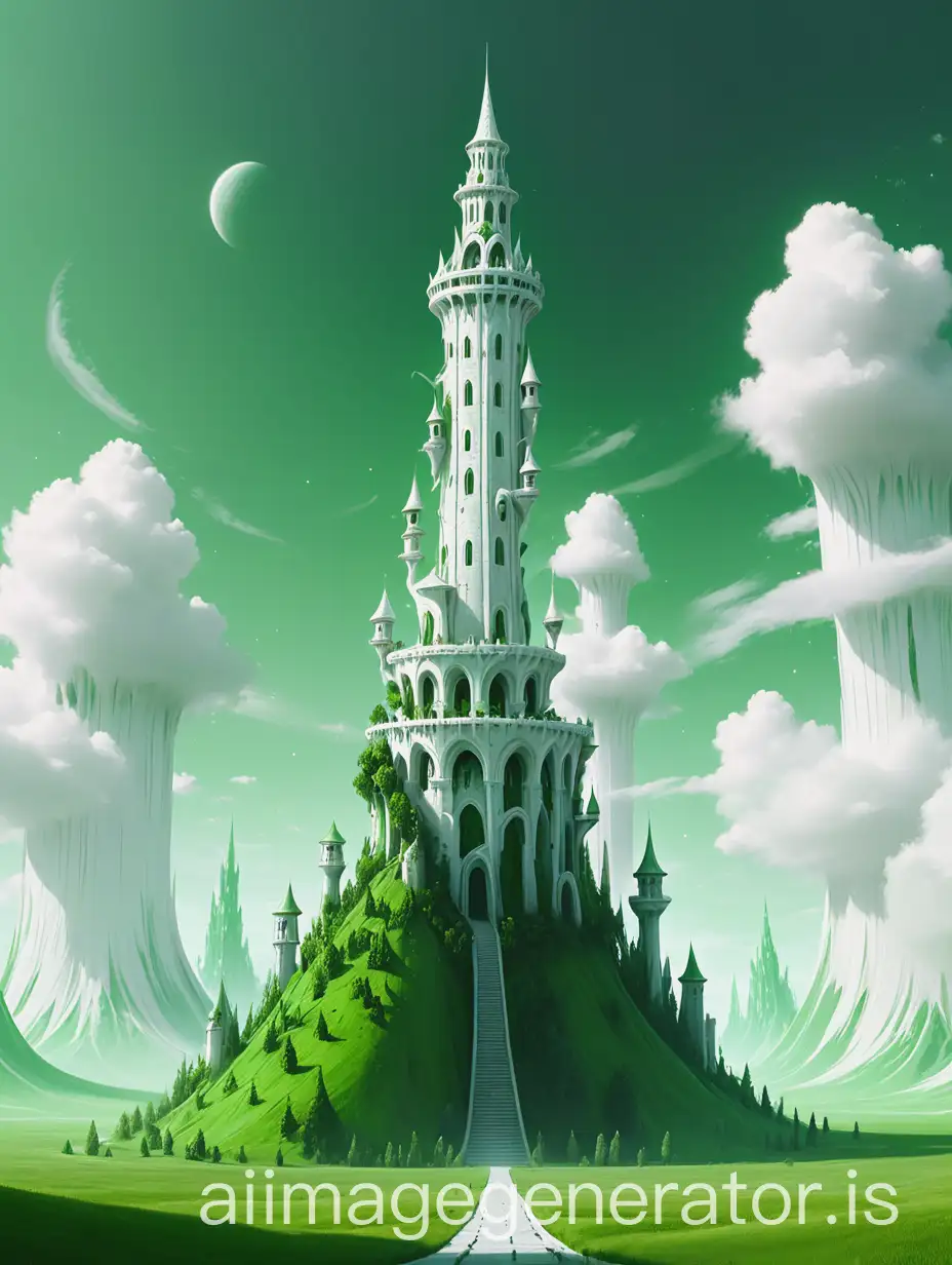 very Tall white fantasy tower on a green plain