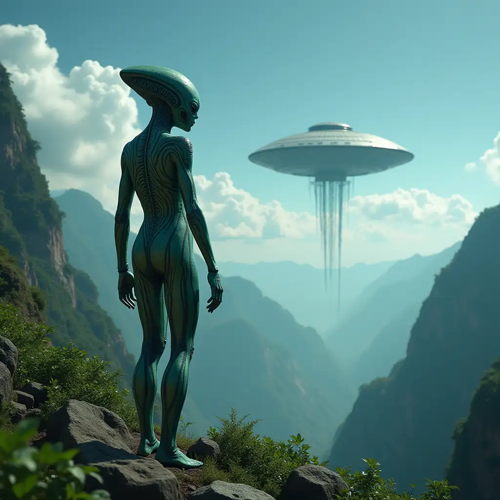 Alien woman striped skin on a planet with rainforest,see,blue sky,clouds,ufos