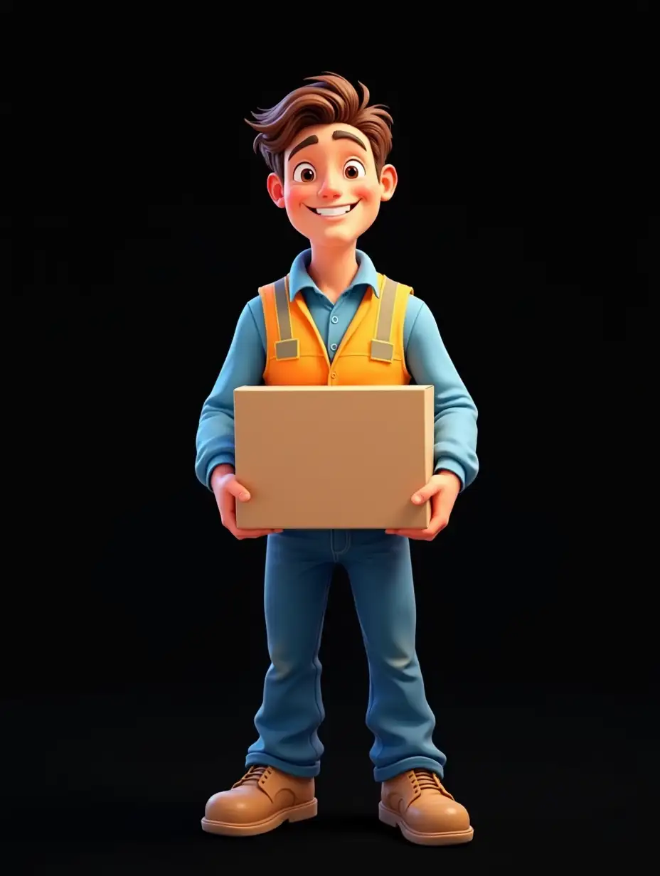 A cartoon male figure, centered in the image, is depicted in a vibrant, stylized manner.  He appears to be his late teens or early twenties, with a friendly expression.  He is holding a cardboard box.  He wears a pair of blue work pants, a light blue, long-sleeved shirt and a safety vest .  He has brown hair, a pleasant smile, and light-brown boots. His body is proportionate and has a medium build.  He is standing upright, holding the box in front of him.  The background is solid black, creating a clear focus on the character. The colors are vivid and cartoonish. The lighting is even, highlighting the character's features. The style is a contemporary, animated aesthetic, Pixar 3D.  The overall impression is cheerful, and professional. The perspective is straight on, as if the viewer is looking directly at the character.