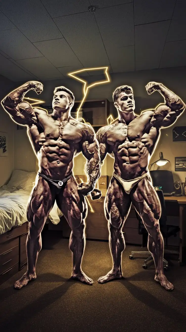 In a dorm room at night. 2 musclegod bodybuilders. Supercharged brawn. Herculean powers. 18 years old. Golden electric glow Flexing triumphantly. Photorealistic.