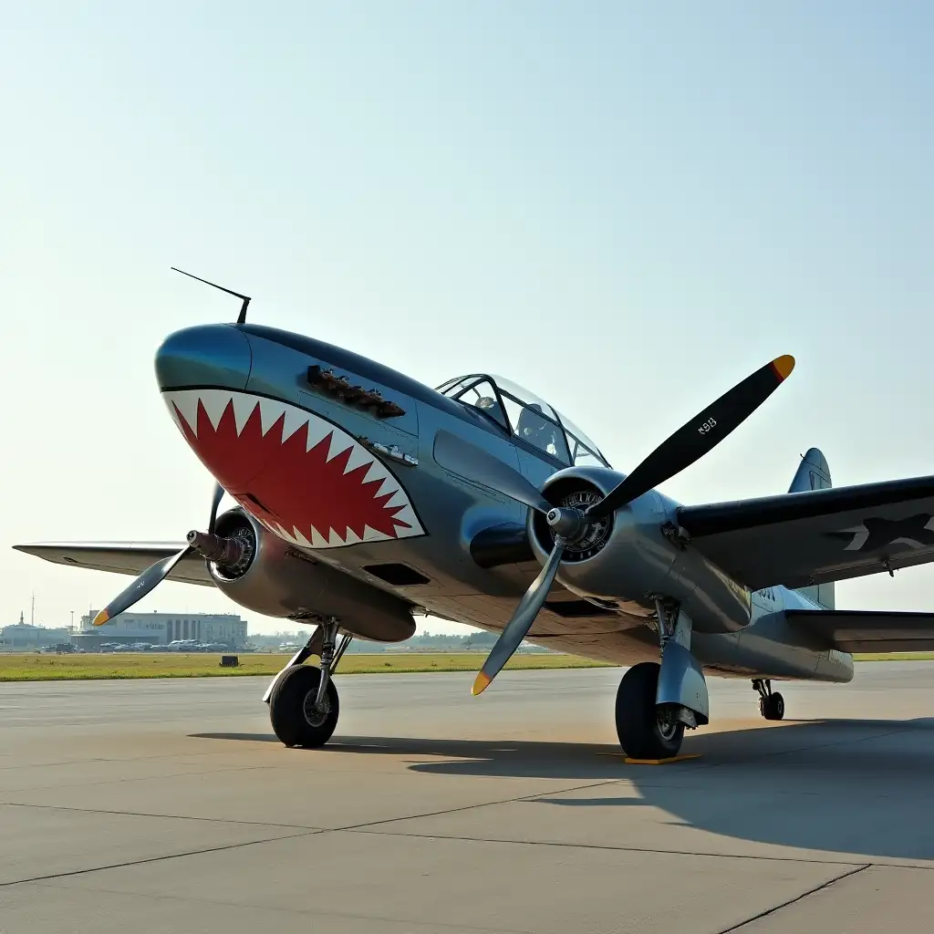 a 1943 USA prop plane with shark teeth painted on the front fuselage