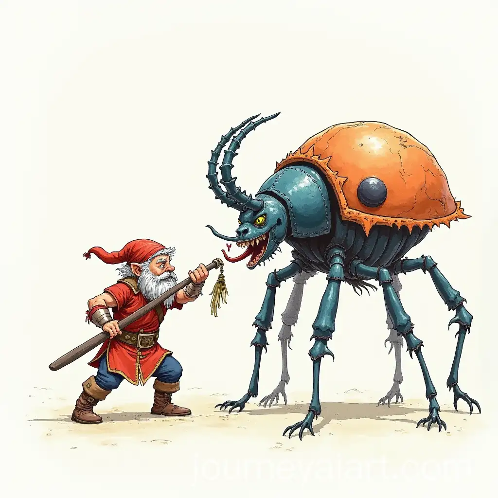 Dwarf-Warrior-Battling-Giant-Humanoid-Beetle-in-Crayon-Drawing-Style