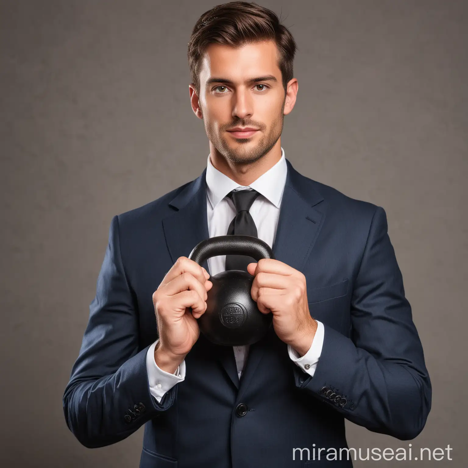 Professional Corporate Executive Working Out with Kettlebell in Office Setting