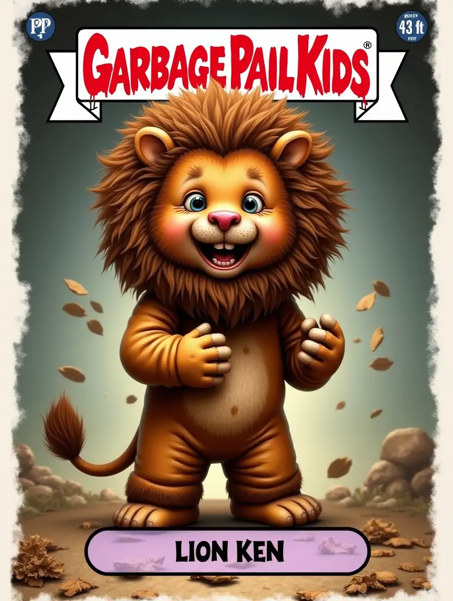 kid dressed as a dirty lion, Garbage Pail Kids trading card, Text on bottom: Lion Ken