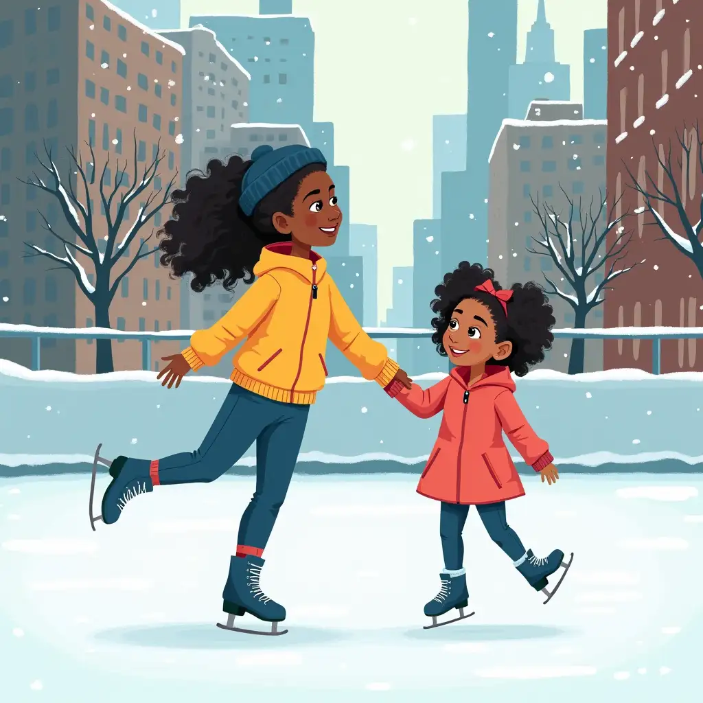 Illustration of Black Family Ice Skating in New York City