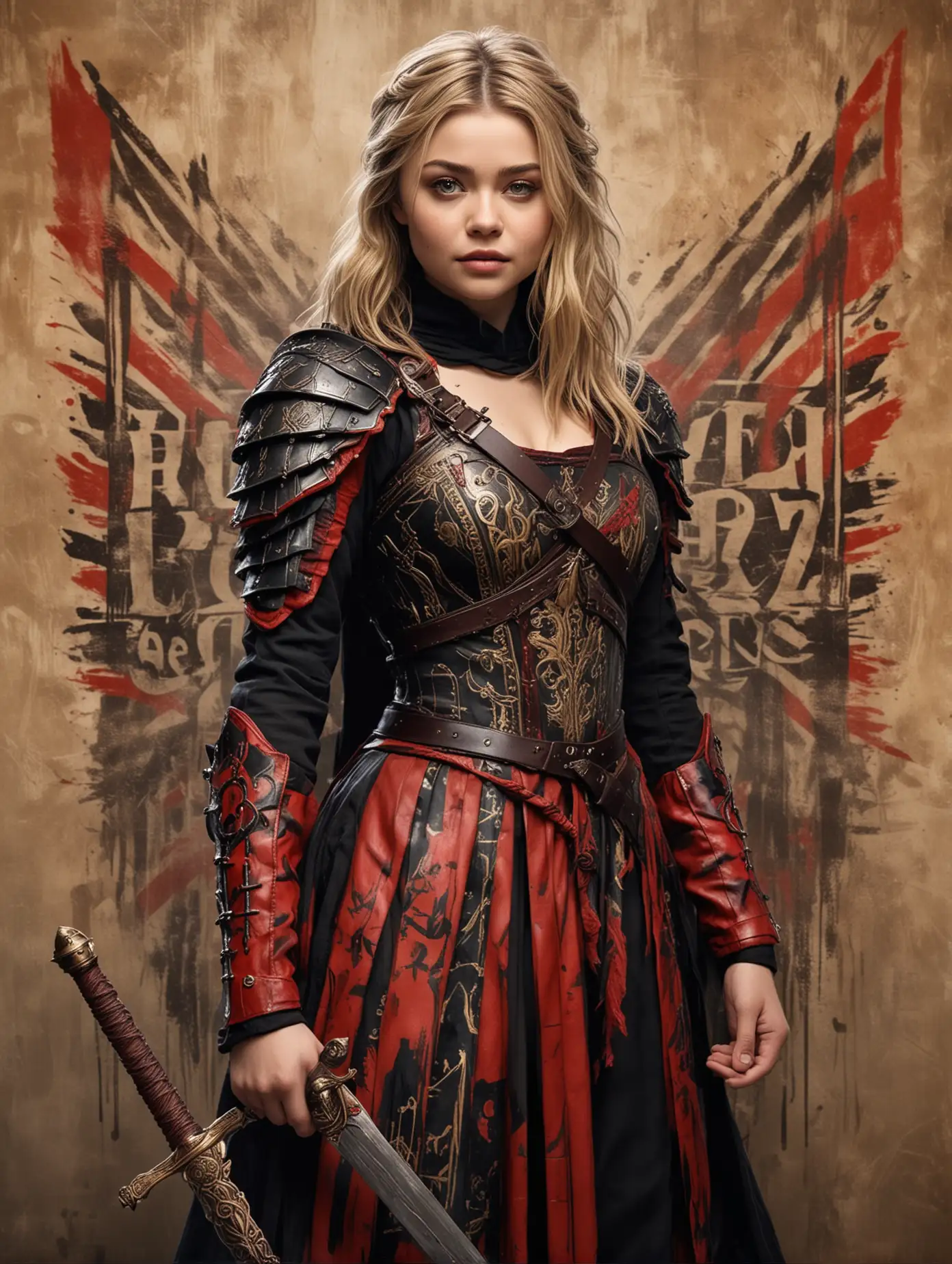 Create an image of a beautiful Chloe Grace Moretz is cosplaying as britain paladin with detailed facial features, standing against an abstract painted background with brush strokes and eropean kingdom characters. She is dressed in a traditional garment with red and black hues, a long sword on her back, and her shoulder adorned with intricate text tattoos.