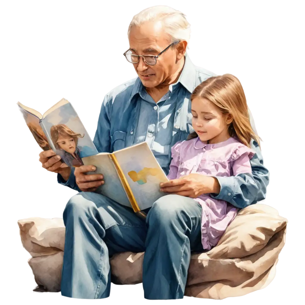 Watercolor-Effect-PNG-Grandpa-Reading-Bedtime-Story-to-Granddaughter