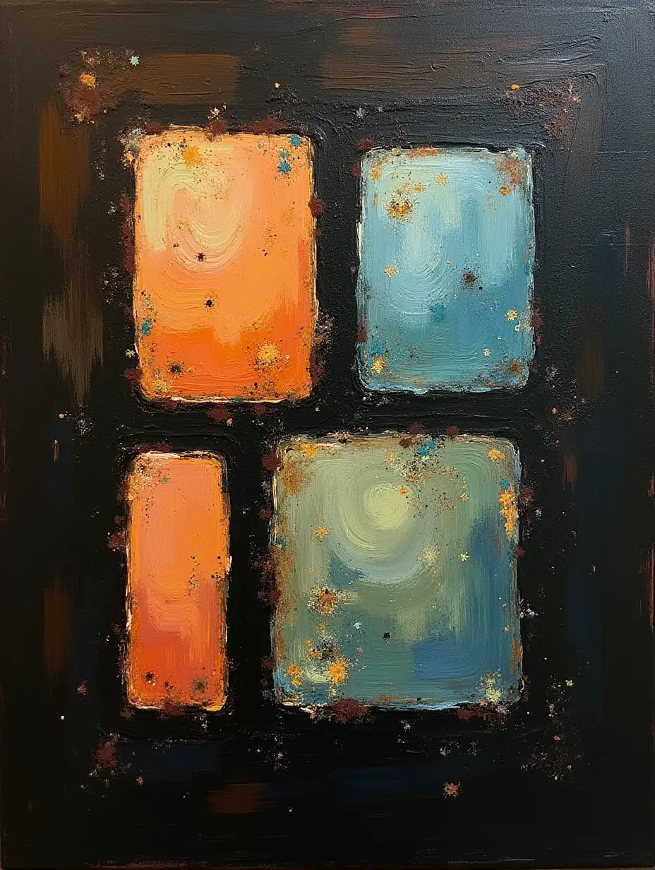 Create an abstract painting with a deep black and earthy brown background, featuring pastel shapes resembling ancient Mayan glyphs in pale orange, baby blue, and pastel green. The glyphs should glow subtly, as if part of a lost cosmic language.