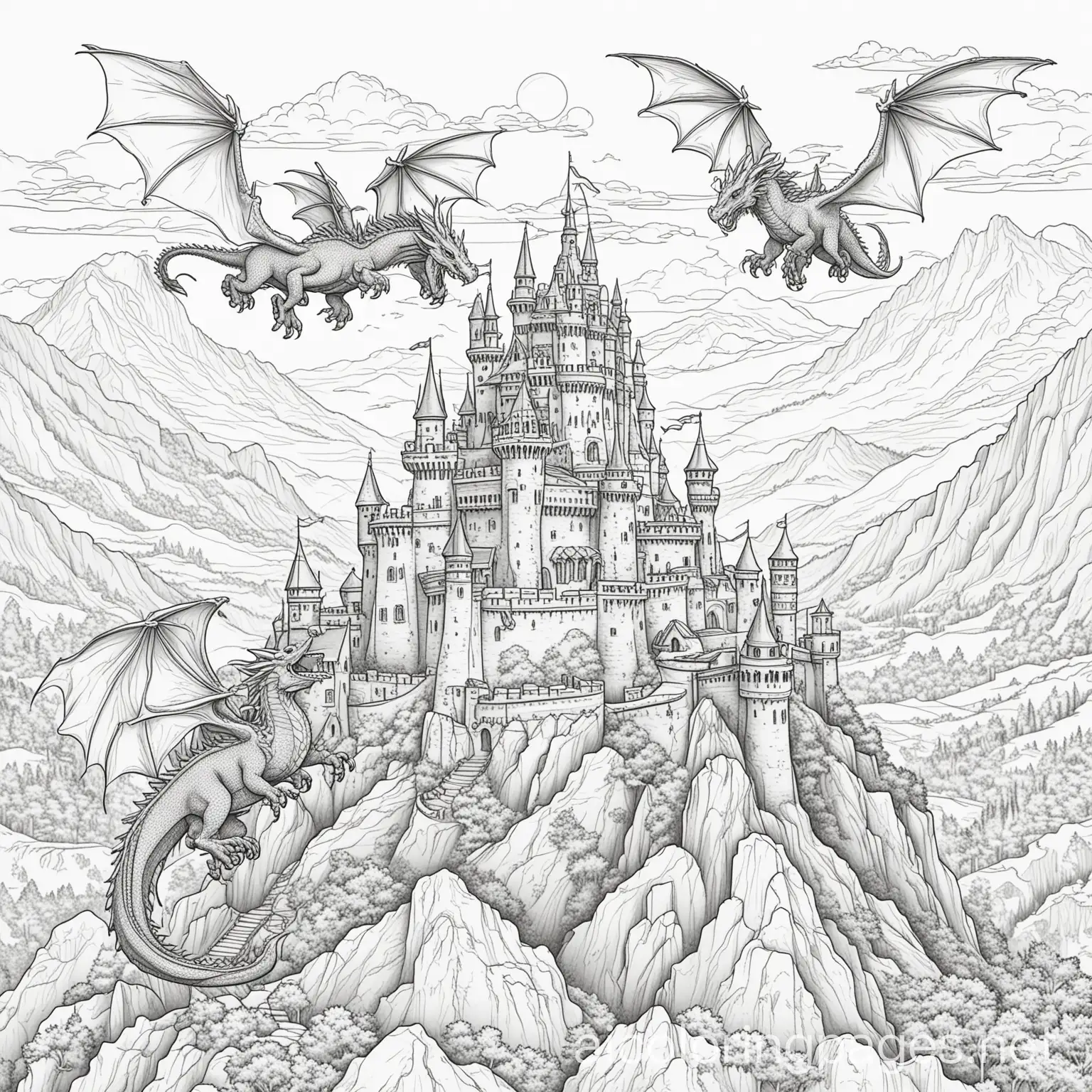 Friendly-Dragons-Flying-Over-Mountainous-Castle-Coloring-Page