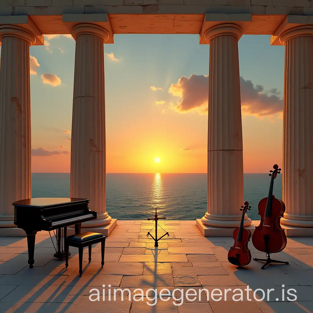 Square artwork for album cover. Represent elements in a kaleidoscopic way, with nostalgic atmosphere of a retro type and very desaturated colors: a stage on a Graco temple in front of the Mediterranean Sea at sunset, with a grand black piano, a violin, a cello, a trumpet, without musicians.