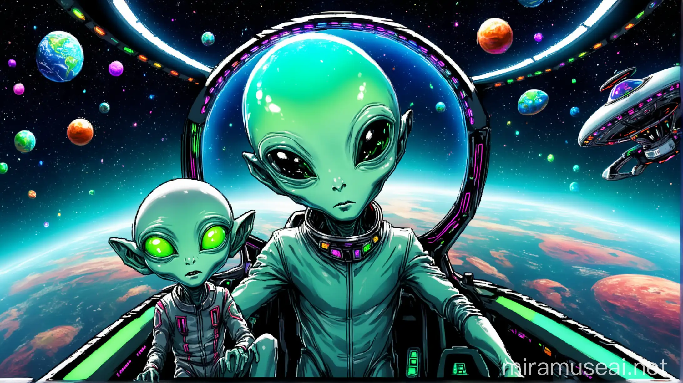 Excited Young Alien and Cautious Older Alien in Vibrant UFO Cockpit Over Earth