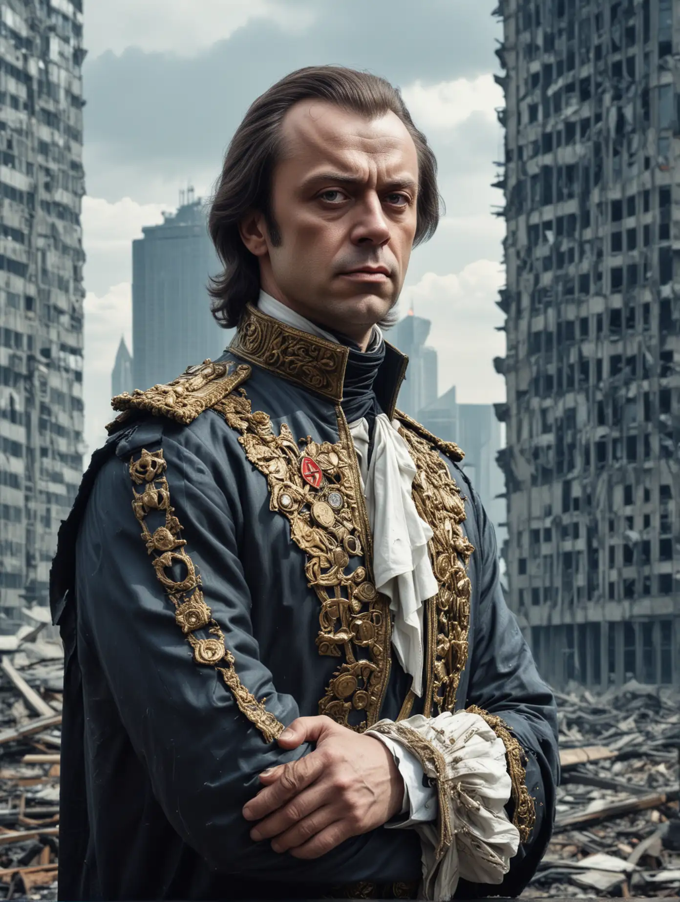 Peter the Great in modern business attire with a stern expression stands in front of skyscrapers and destroyed offices. Around him are symbols of modern companies ruined by his leadership, with a city skyline in the background