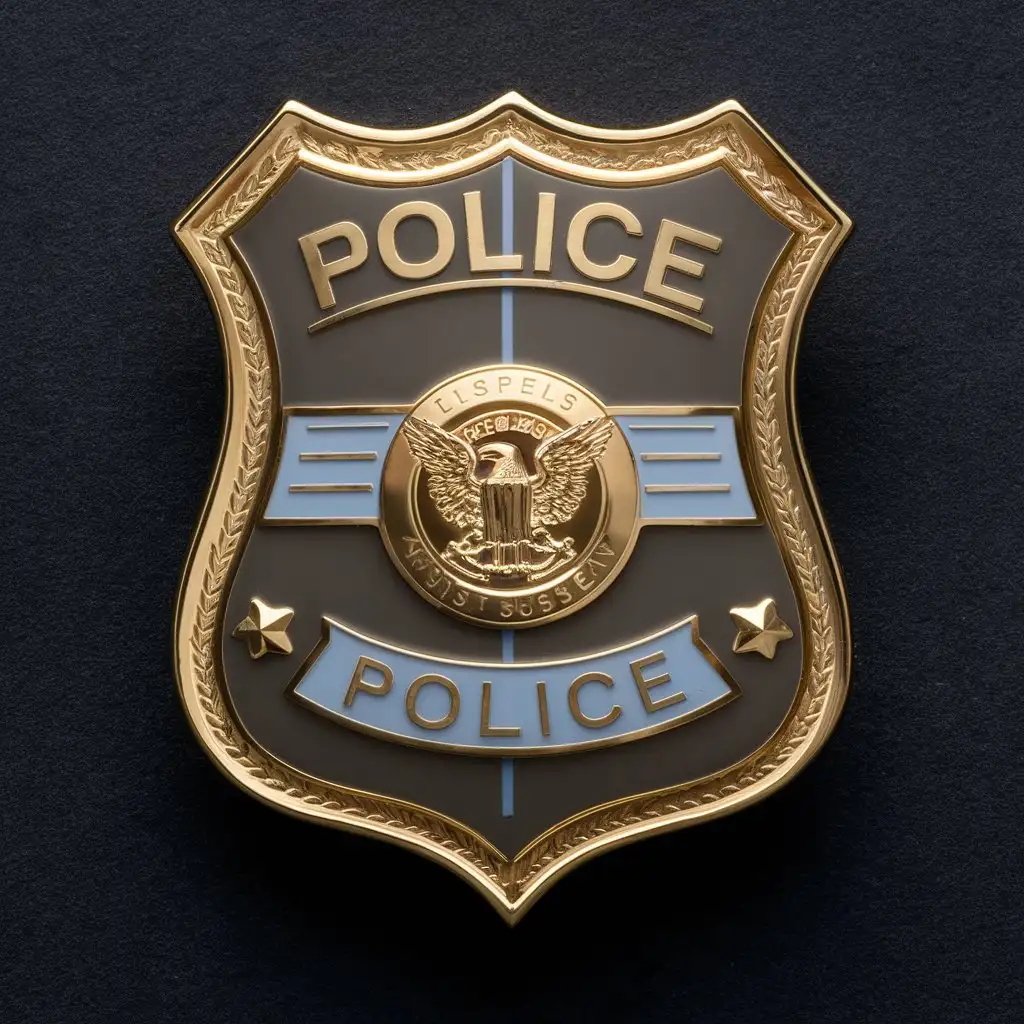 Background: Dark grey
Light blue police badge outline with a dark grey thin blue line through the middle
Light blue lines at the top and bottom
"POLICE" text in light blue, centered below the badge The badge has a classic shield shape, featuring a broad, rounded top that narrows down to a pointed bottom.
Material and Color: It is made of shiny, gold-colored metal, giving it a polished and official look.
Central Emblem: At the center of the badge, there is a prominent emblem. This emblem is circular and features an eagle with outstretched wings at the top, symbolizing authority and vigilance.
Text: Surrounding the central emblem, there is text engraved in bold, black letters. The top part of the shield reads "POLICE" in large, capital letters. Beneath the emblem, there's usually the name of the police department, for example, .
Badge Number: Below the department name, there is a space for the badge number, which is often in larger font and prominently displayed, making it easily identifiable.
Details: The edges of the badge might be adorned with detailed engravings or designs, such as laurel leaves or stars, adding to its ornate and formal appearance.